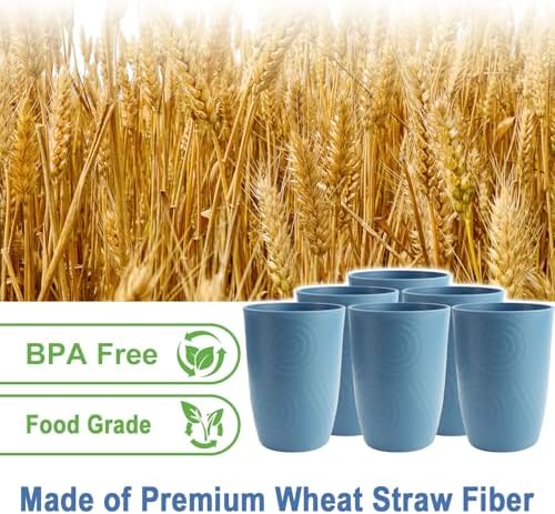 16oz Water Tumbler, Plastic Cups Set of 6, Wheat Straw Cups - Blue