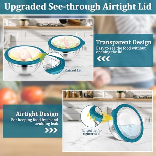 P&P CHEF Metal Mixing Bowls with Lids Set, Visible Airtight Lids & Blue