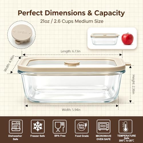 21 oz Glass Meal Prep Containers with Glass Lids, 6 Pack