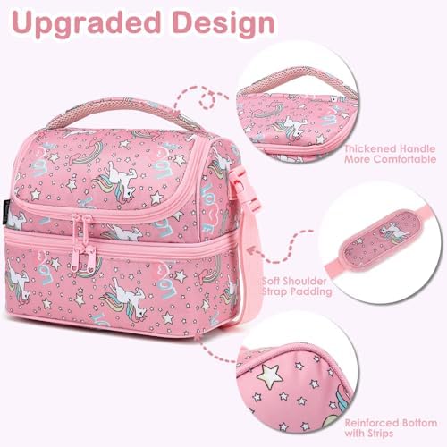 FlowFly Double Decker Cooler Insulated Lunch Bag Large Tote for Boys, Girls, Men, Women, With Adjustable Strap (Red-Unicorn)
