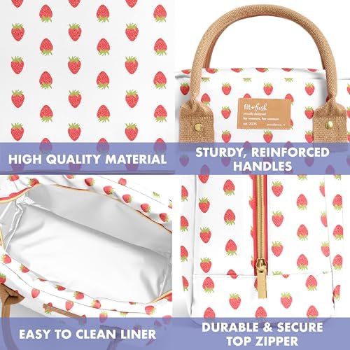 Fit & Fresh Bloomington Lunch Bag for Women - Insulated Large Lunch Box for Work with Containers, Leak-Resistant, Stain-Resistant, Zipper Closure, Strawberry