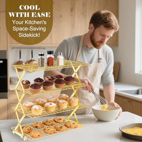 BEWOS 4 Tier Collapsible Cooling Rack - Adjustable Stainless Steel Baking Rack with Mesh Leak Proof，Foldable X-Shaped Structure Cooling Racks for Cooking and Baking, Dishwasher Safe（Gold）