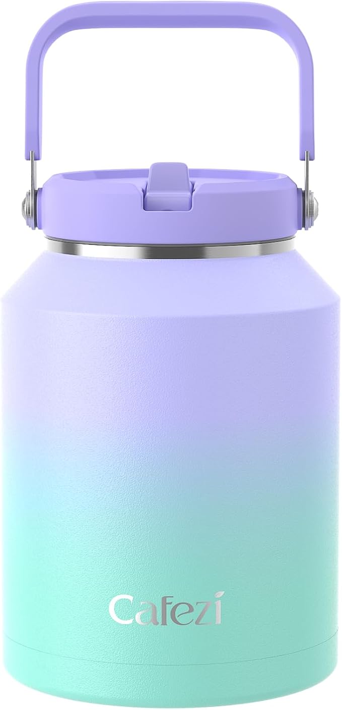 Half Gallon Insulated Water Bottle with Flip Straw, Vacuum Insulated Stainless Steel Jug with Top Handle, Leak-Proof Lid, Sweat-Free, Wide Mouth, Keeps Ice Cold up to 34 Hours