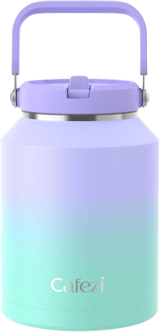 Half Gallon Insulated Water Bottle with Flip Straw, Vacuum Insulated Stainless Steel Jug with Top Handle, Leak-Proof Lid, Sweat-Free, Wide Mouth, Keeps Ice Cold up to 34 Hours