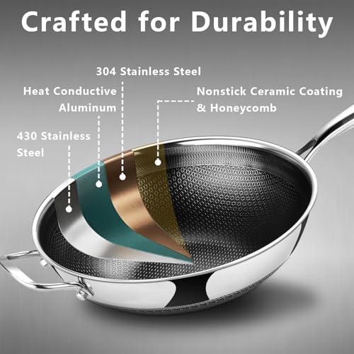 SAKAMOSH Hybrid 12inch Wok with Lid, Stainless Steel Woks & Stir-Fry Pans Nonstick, Non Toxic, PFAS PFOA PTFE Free, Dishwasher and Oven Safe, Works on Induction