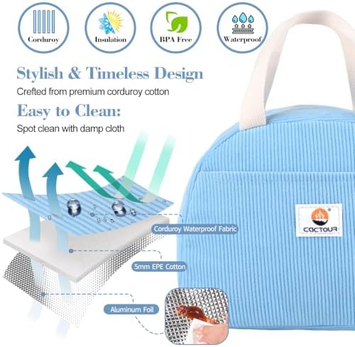 CaCTOUR Lunch Box Lunch Bag for Women Girls Teens, Cute Lunch Box Cooler Bag, Portable Small Insulated LunchBox Reusable Corduroy Lunch Tote for Work/Travel/Picnic/School(Blue)