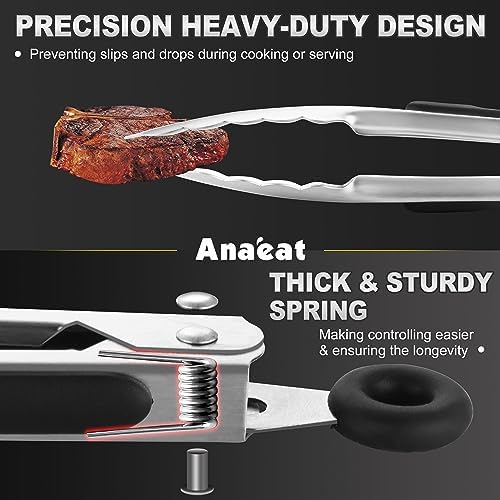 Anaeat 3 Pack 7" Mini Stainless Steel Locking Tongs - Sturdy Coiled Spring Kitchen Food Tong with Non-Slip Silicone Tips and Grip for Serving, Cooking, Baking and BBQ - Heat Resistant Metal Tongs
