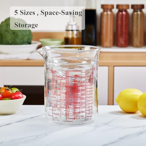 Ackers High Borosilicate Glass Measuring Cup Set with Pour Spout,60ml(2OZ),120ml(4OZ), 250ml(8OZ), 500ml(16OZ), 1000ml(32OZ) Glass Measuring Beaker for Kitchen or Restaurant, Easy to Read