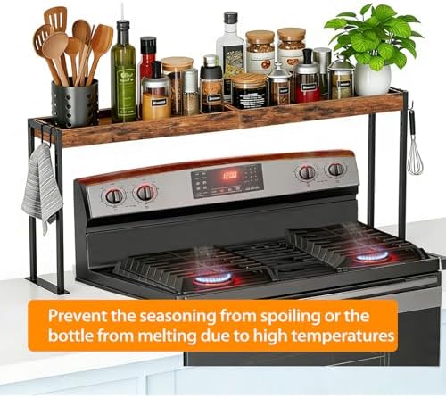 Spice Rack Shelf for 30-inch Kitchen Stove, Over the Stove Shelf with 4 Level Adjustable Height, Over Stove Spice Rack with 4 hooks, Rustic Brown + Black