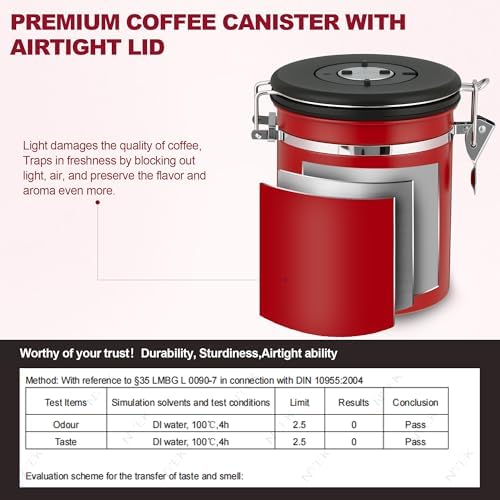 ShanSon Coffee Canister Airtight, Stainless Steel Bean Storage Container with Date Tracker & Scoop, Grounds Sugar Flour Tea Cereal Fits Kitchen Pantry, Ideal Gift for Coffee Lovers,16oz,Red