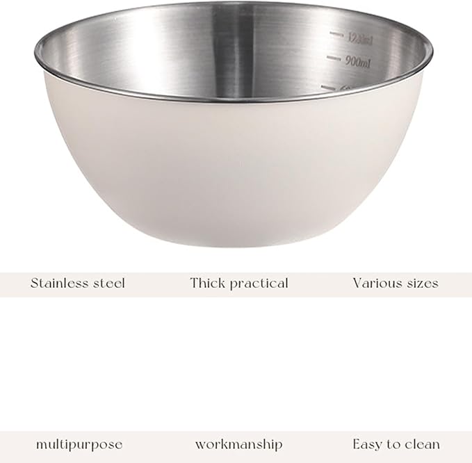 Stainless Steel Salad Bowls Set of 2 Mixing Bowl with Measurement Markings Snacks Bowls, 4.23 Quart White Serving Bowls for Mixing, Cooking, Baking, Prepping and Home Kitchen Food Storage Bowls