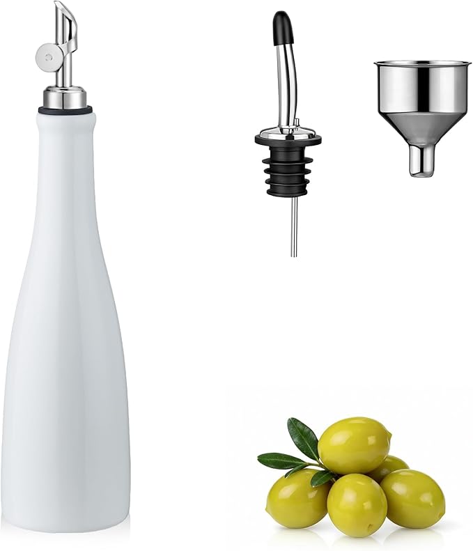 YOLIFE Olive Oil Dispenser Bottle, 16oz Ceramic Oil Dispenser for Kitchen, Oil Bottle with Gravity Spout, Leak Proof EVOO Dispensing Bottle with 2 Spouts and 1 Funnel for Vinegar, Juice(White)