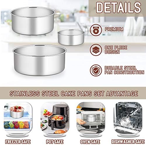 E-far Cake Pan Set of 3 (4/6/8 Inch), Stainless Steel Deep Cake Pans