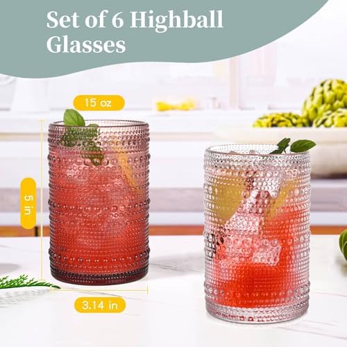 Purple Hobnail Drinking Glasses Set of 6,15 oz Vintage Highball Glasses,Drinkware Kitchen Glasses for Cocktail,Iced Coffee,Beer,Ice Tea,Wine,Whiskey,Water
