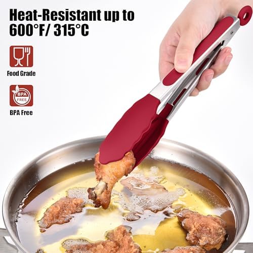 Doosu Kitchen Tongs with Silicone Tips for Cooking Serving (9in, Red)