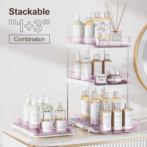 Delamu 2-Tier Multi-Purpose Bathroom Under Sink Organizers and Storage, Stackable Kitchen Pantry Organization, Pull Out Medicine Cabinet Organizer with Movable Dividers, Purple, 2 Pack