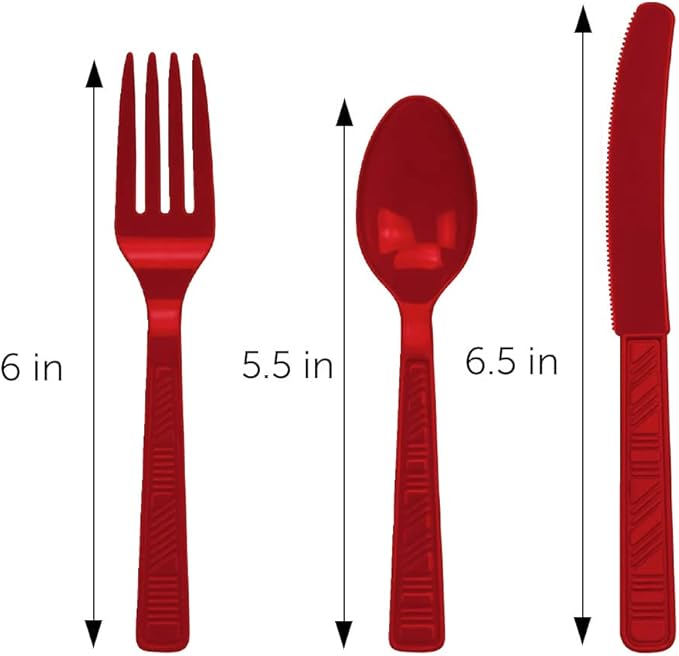 DecorRack Plastic Cutlery Set, Red Colored Plastic Silverware Sets for Parties, 96 Piece Bulk Heavy Duty Utensils (Red, 96 Pieces)
