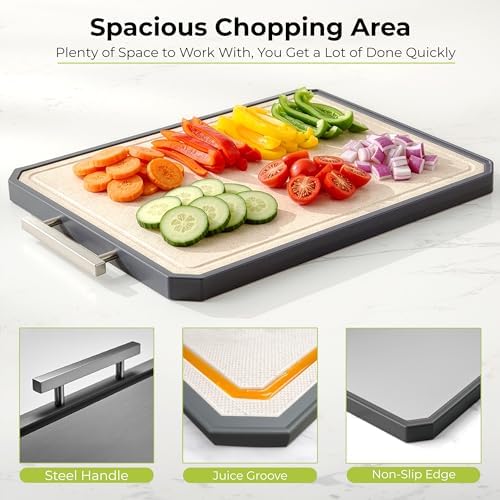 Freshware Titanium Cutting Board for Kitchen, Set of 2, Double Sided Cutting Boards, Pure Titanium/PP, Chopping Board with Juice Grooves, Dishwasher Safe, Medium 12.1" by 8.3" and Large 16.2" by 11"