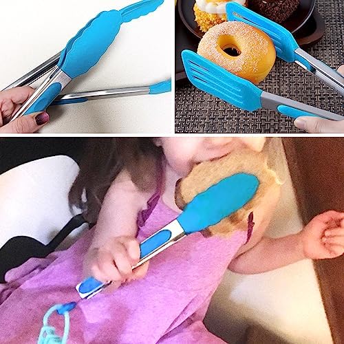 7 Inch Mini Serving Tongs with Silicone Tips Set of 3(Blue)