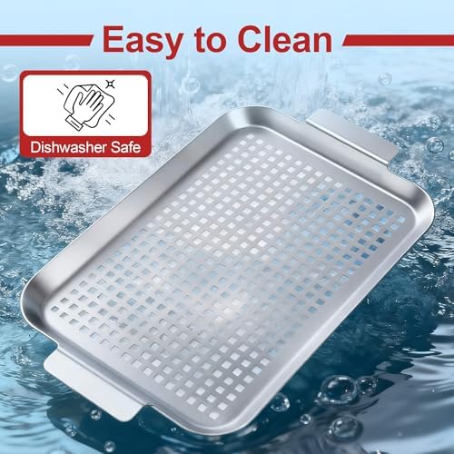 Grill Pan Set of 2, Grill Topper for Outdoor Grill, Stainless Steel Roasting Basket with Handles, Perforated Grill Tray for Smoker Roasting, Oven, BBQ Accessories(2 Small)