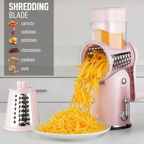 Rotary Cheese Grater Manual Hand Crank 5 Blade Shredder, Classic Pink