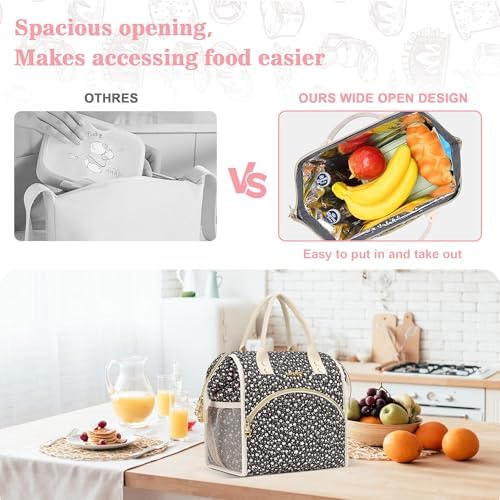 LOKASS Insulated Lunch Bag Women- Reusable 10 L Lunch Box for Women - Leakproof Tote Cooler Bag for Adults Work, Beach, Travel, Picnic （Black Small Florals）