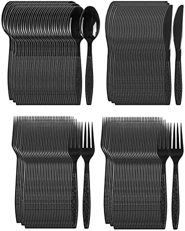 Heavy Weight Plastic Silverware Set - 200 Forks, 100 Knives, 100 Spoons - Disposable Cutlery Combo (Black) (Pack of 6)