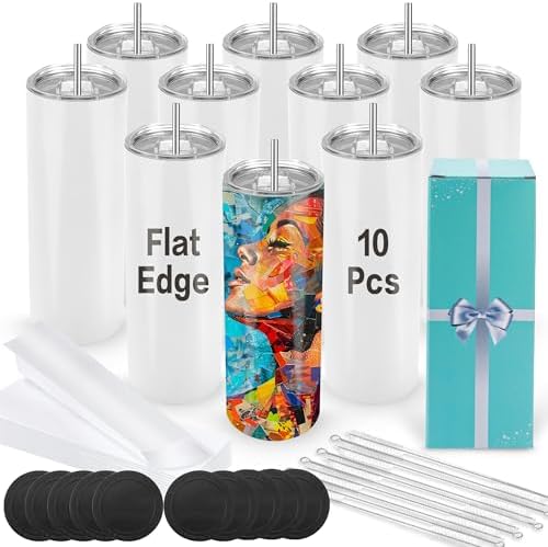 Joyclub Sublimation Tumblers 20 oz 10 Pack Skinny Cups with Colored Lids