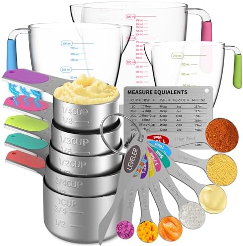 Measuring Cups and Spoons Set, 5 Stainless Steel Measuring Cups, 3 Plastic Measuring Cup, 7 Measuring Spoons, 1 Leveler, 1 Measuring Conversion Chart for Cooking & Baking