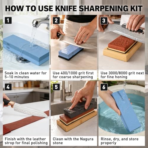 12-Piece Knife Sharpening Stone Set, Whetstone 4 Side 400/1000 3000/8000 Grit, Whetstone Knife Sharpener Stone Kit, Leather Strop, Angle Guide, Flatting Stone, Polishing Compound, Honing Guide