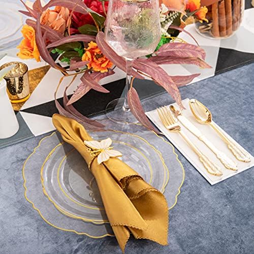 YOUBET 125PCS Clear Gold Plastic Plates for Thanksgiving Party Wedding