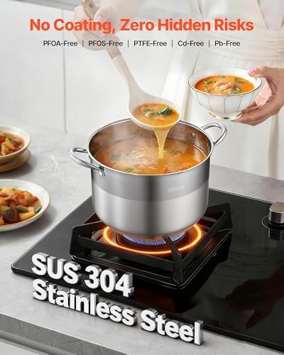 VEVOR Stainless Steel Stock Pot, 12QT Stainless Steel Stockpot with Glass Lid, PFOA-Free, PFAS-Free, Compatible with Gas Stoves, Induction Cooktops, Electric Stoves, for Soups, Stews, and Pasta