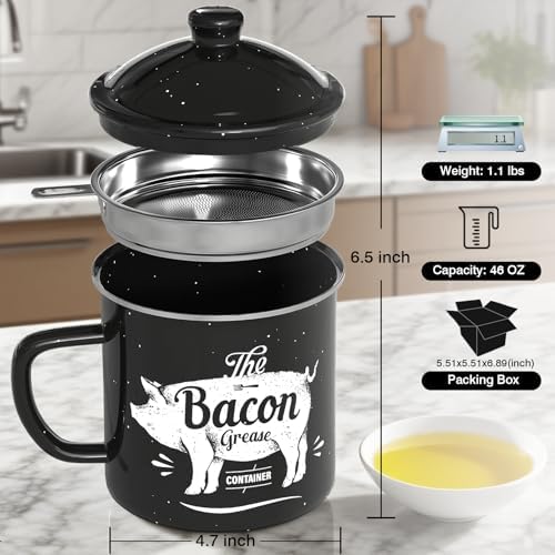 PGYARD Bacon Grease Container with Strainer-46OZ Enamel Keeper with Spatula