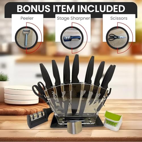 20-Piece Kitchen Knife Set with Acrylic Block, High Carbon Stainless Steel Chef Knife Set with Steak Knives, Sharpener & Scissors, Dishwasher Safe, Anti-Slip Ergonomic Handle, Black