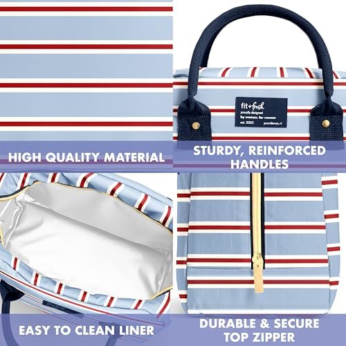 Fit & Fresh Bloomington Lunch Bag for Women - Insulated Large Lunch Box for Work with Containers, Leak-Resistant, Stain-Resistant, Zipper Closure, Rowing Stripe Blue