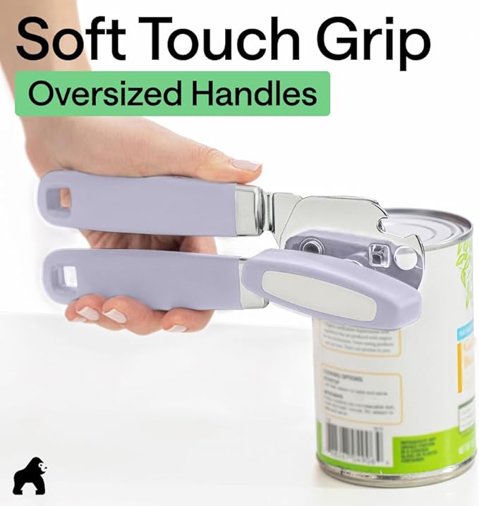 GORILLA GRIP Heavy Duty Stainless Steel Smooth Edge Manual Can Opener and Bottle Openers, Soft Comfortable Handle, Oversized Handheld Turn Knob, US Designed Multifunctional Kitchen Tool, Lavender