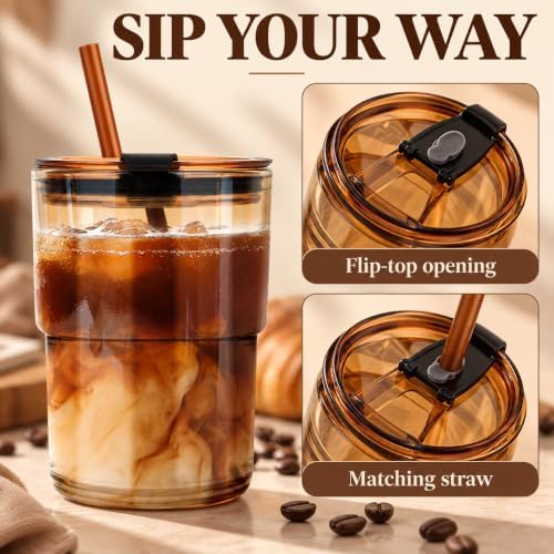 13 oz Glass Tumbler with Straw and Lid, Reusable Iced Coffee Cup, Leak-Proof Thick Wall Travel Glass for Water, Matcha, Home, Office & Car Cup Holder, BPA-Free Cute Coffee Mug (1, Amber)