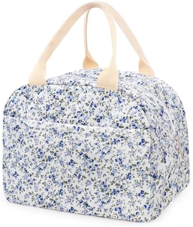 Cotton Quilted Insulated Lunch Bag, Reusable Quilted Floral Lunch Tote Bags