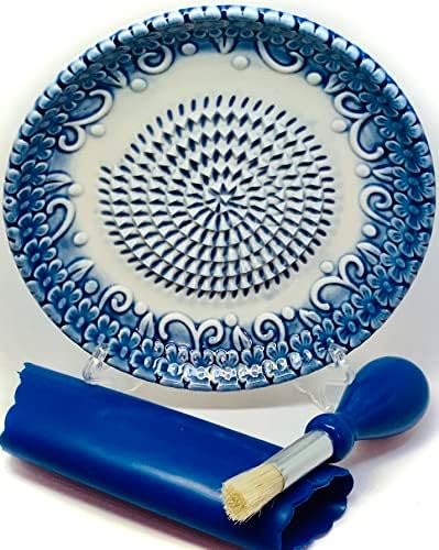 BonCera, Premium Ceramic Garlic Grater Plate Set - Blue Embossed