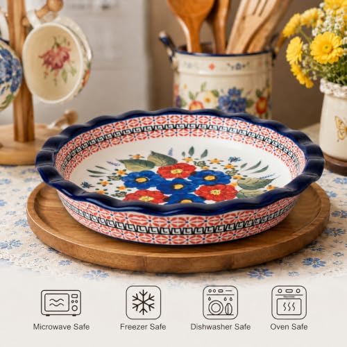 Ceramic Pie Pan for Baking, 10.6 inch Hand-Painted Pie Plate for Cooking, 37 oz Deep Dish Pie Pans, Non-Stick Pie Dishes for Apple Pie, Tart, Pizza, Quiche, Oven & Dishwasher Safe, Lead-Free, White