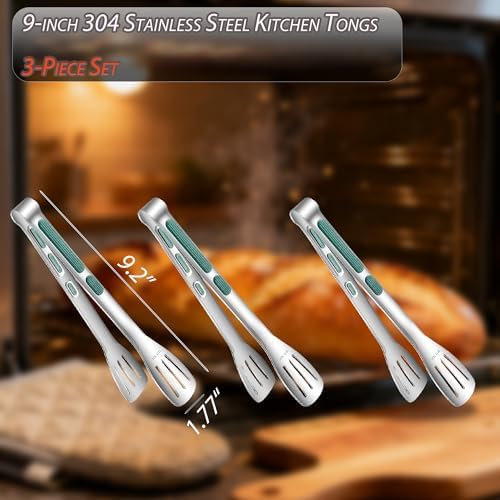 Stainless Steel Kitchen Tong Set - Anti-Slip Heat-Resistant Grip, Widened 3-Line Slotted Heads for Easy Clamping (Steaks, BBQ, Pasta, Salads), Easy Clean for Versatile Use Set of 3-9", Green