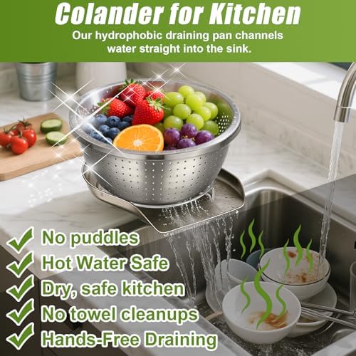 Palksky Stainless Steel Colander Set with Self-Draining Base, 3 Sizes Colanders & Food Strainers for Pasta, Rice, Fruits & Veggies, Metal Colander with Draining Plate for Sink or Countertop