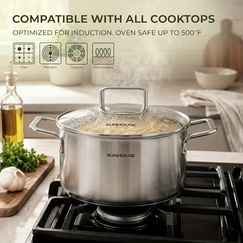 SUNHOUSE 6 QT Fully Clad Tri-ply Stainless Steel Stock Pot with Glass Lid