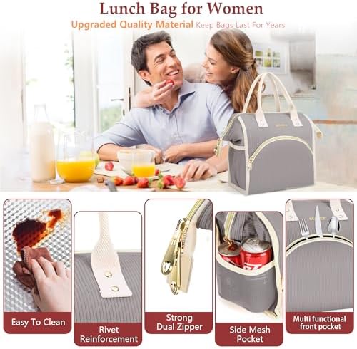 LOKASS Lunch Bag Women Insulated Lunch Box Wide-Open Lunch Tote Bag Large Cooler Bag for Work Picnic Hiking Beach（Dark Gray）