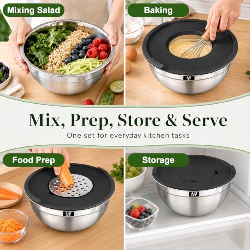 8PCS Mixing Bowls with Lids Set - 5 Nesting Mixing Bowls, 3 Grater Attachments, Lids, Stainless Steel Mixing Bowls for Mixing & Serving, Size 1.5/2.1/3.5/4/4.5 QT, Black