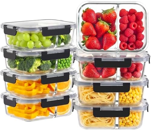 8 Pack 2 Compartment 36oz Borosilicate Glass Meal Prep Containers with Lids