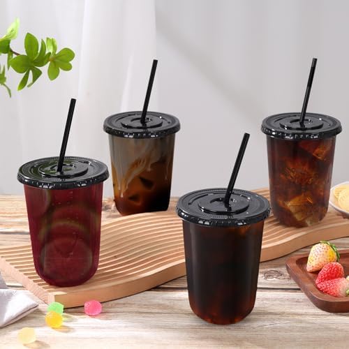 tchrules 150 Set 16oz Black Plastic Disposable Cups with Lids and Straws