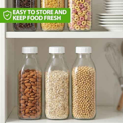CUCUMI 4 Pack 32 Oz Glass Milk Bottle with Reusable Lid