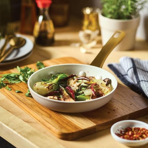 Farberware Forged Induction Ceramic Nonstick Fry Pan/Skillet, Dishwasher Safe, Gold Color Stainless Steel Handle, 8.25 Inch Frying Pan - Taupe