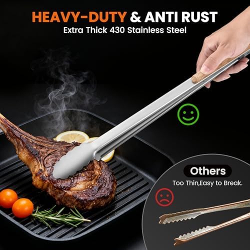 17-Inch Grill Tongs,Long Wood-Handled BBQ Tongs,Heavy Duty Stainless Steel